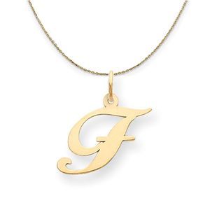 14k Yellow Gold, Ella Med Fancy Script Initial F Necklace - 18 Inch
